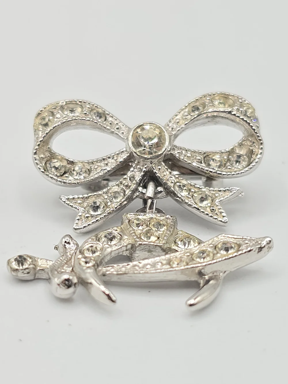 Vintage ORA Rhinestone Bow Shriners Scimitar Dangle Brooch Silver Tone Pin 1